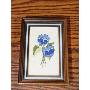 Vintage Framed Cross-Stitch Of Blue Pansies In Wooden Frame With Glass Cover 6"
